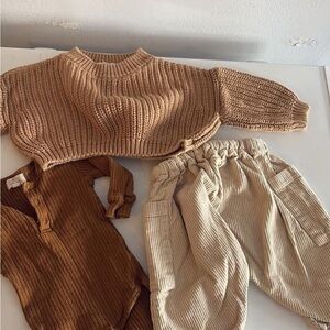 Simple Folk Knit Sweater & Cord Outfit Set - Tan, Cream, Brown